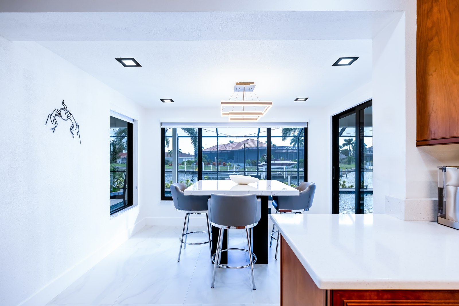 Breakfast nook with canal view and morning light
